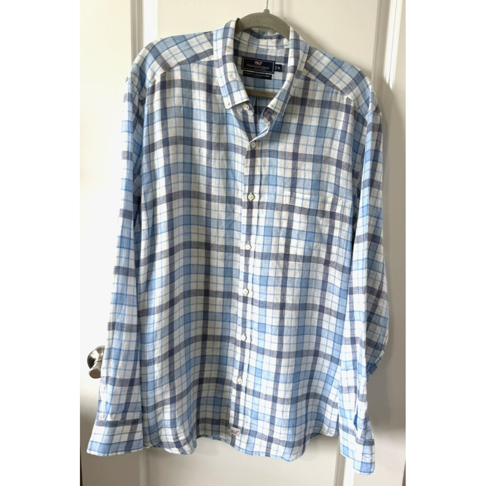 NWOT Vineyard Vines 100 % Linen Shirt Men's XL Blue Plaid Button up Beach